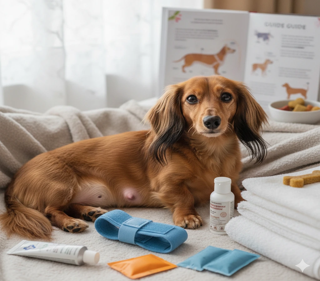 Teckel met hernia die praktische zorg en herstel krijgt van eigenaar of dierenarts