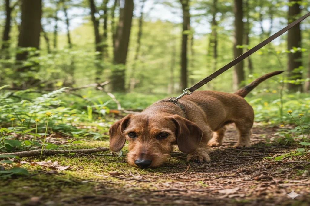 Ruwharige Teckel tijdens wandeling met actief jachtinstinct