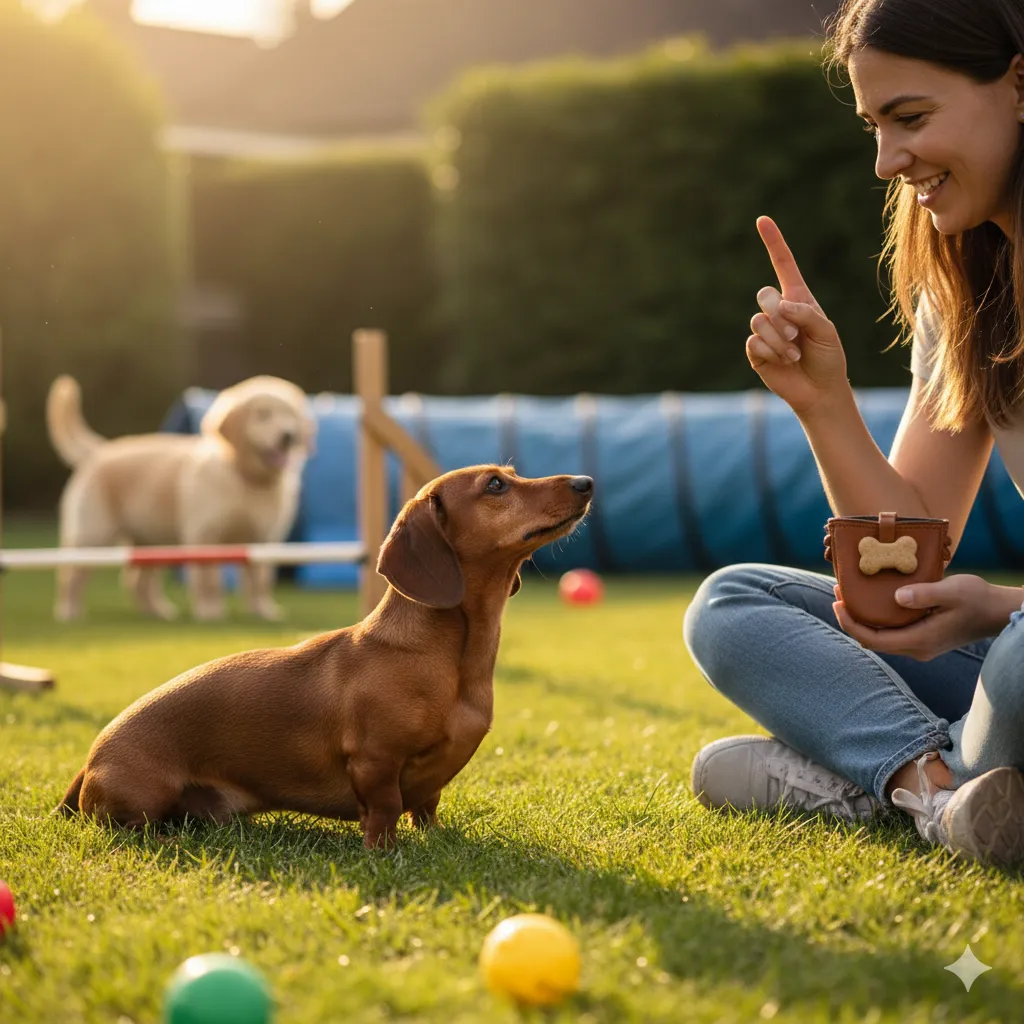Teckel die opvoeding krijgt met snelle tips voor een gehoorzame hond