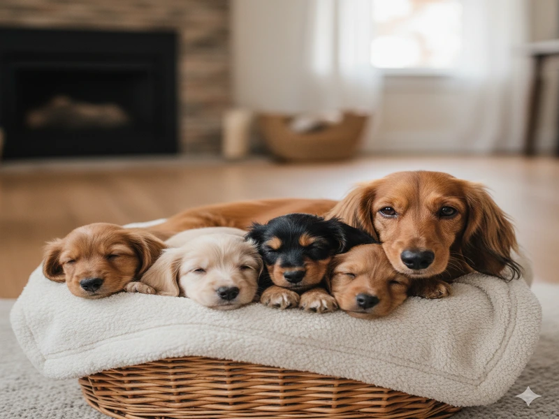 Nestje langharige teckelpups met moeder.