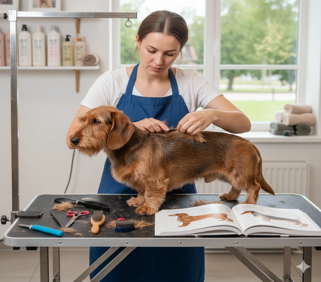 Ruwharige teckel die wordt getrimd volgens complete verzorgingsgids