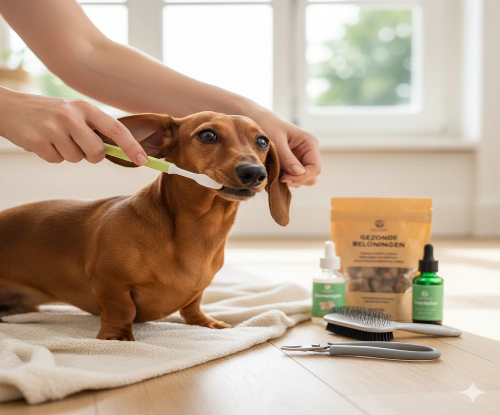 Teckel die gezondheidsverzorging krijgt met direct toepasbare tips
