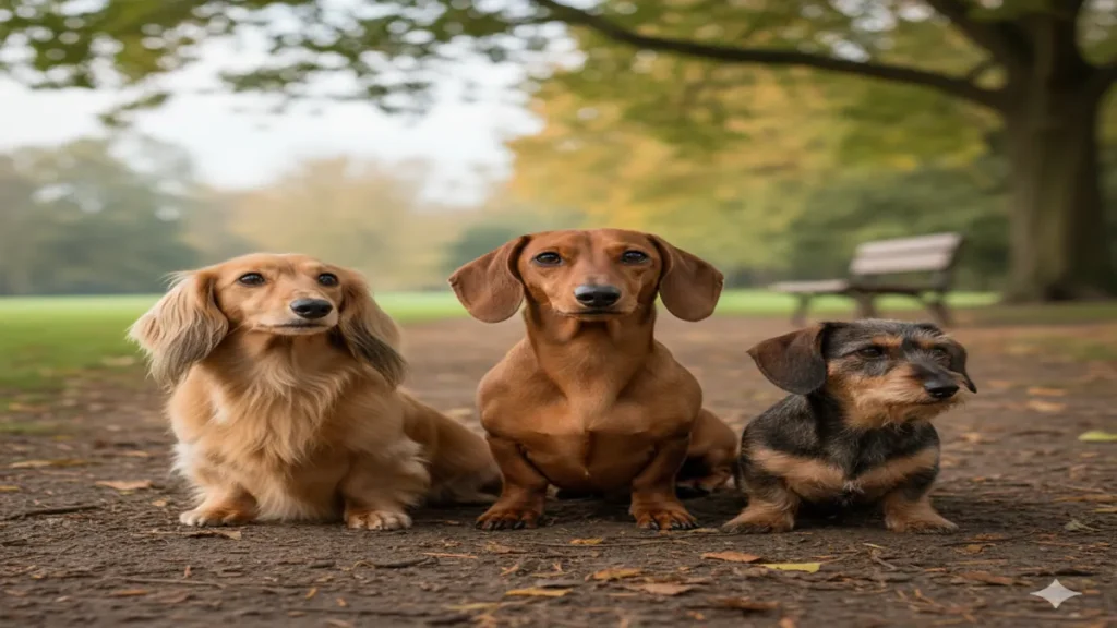 Drie teckel rassen samen – standaard kortharig, dwerg langharig en kaninchen ruwharig in een natuurlijk parklandschap.